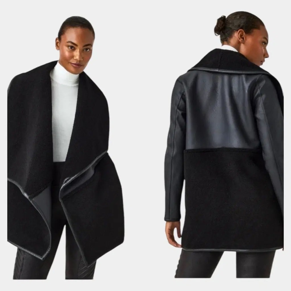 Spanx Womens Fleece and Faux Leather Long Wrap Jacket XS Mixed Media